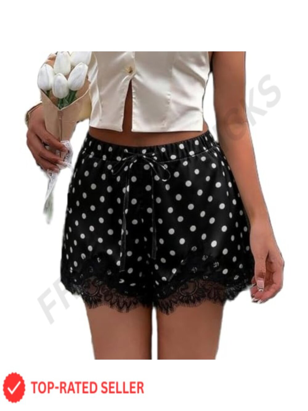 Lace Trim Satin Shorts Wide Leg Dot Print Summer Lounge PJ Bottoms